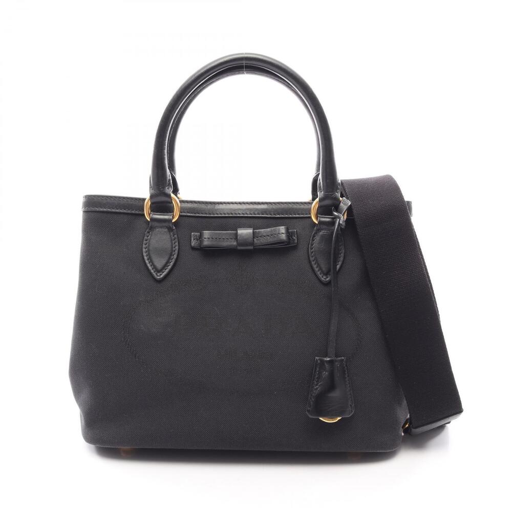 Prada JACQUARD Handbag Canvas Leather Black